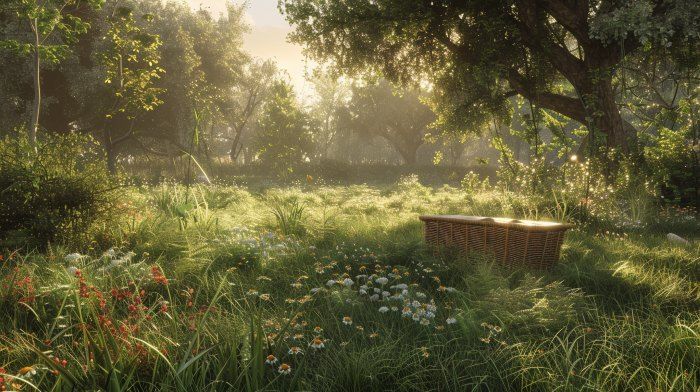 green burial Taylor, MI woodland meadow with wildflowers and a wicker casket in soft morning light.