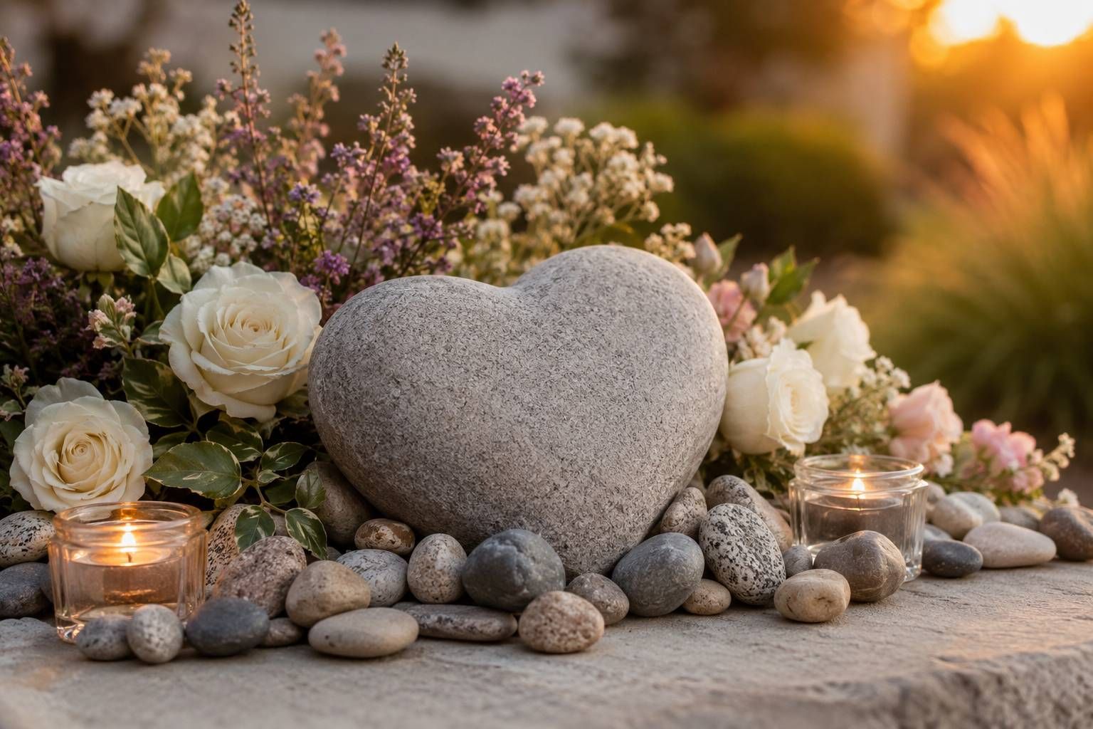 Heart-shaped memorial stone with white flowers and candles in a peaceful garden setting