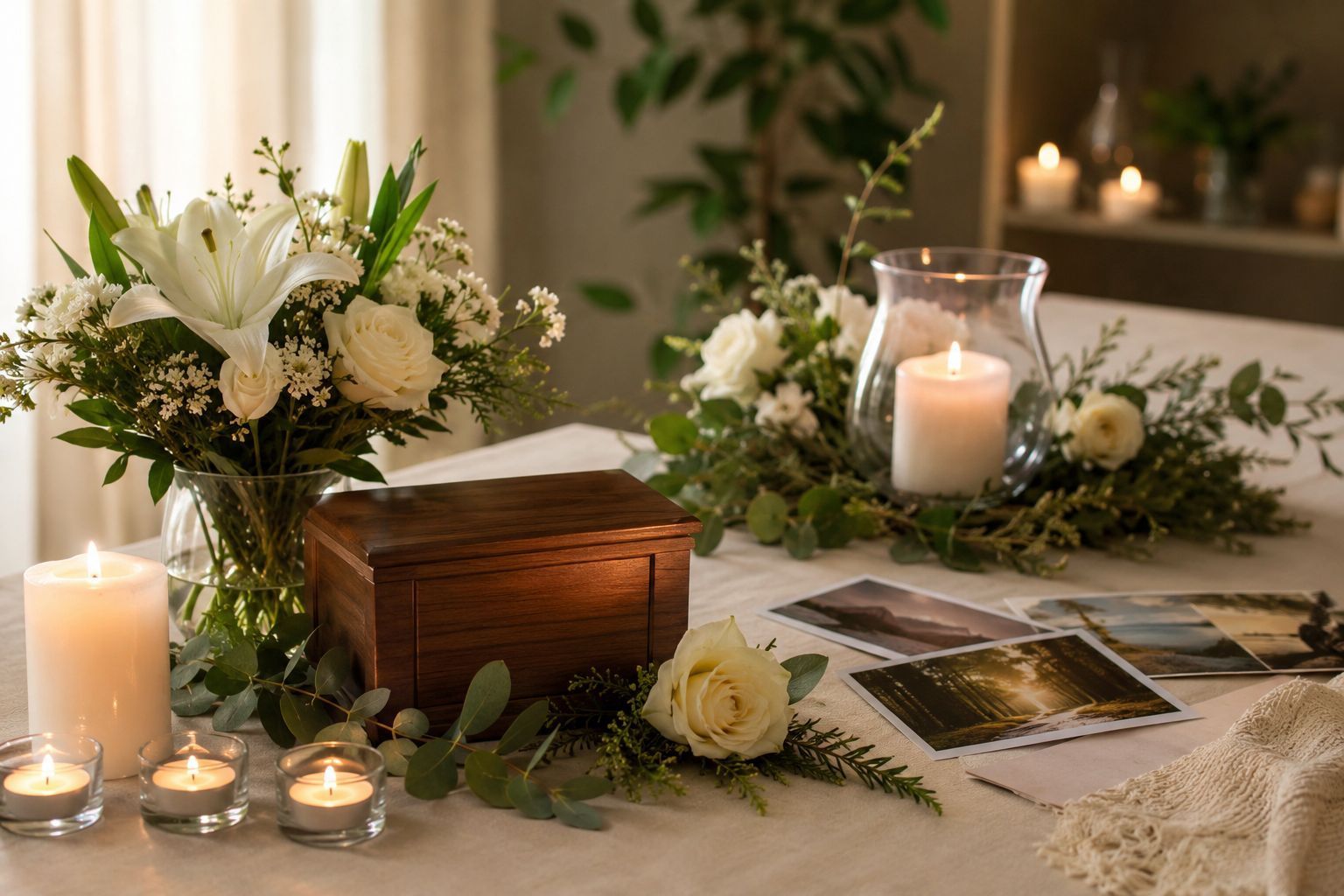 Memorial display with flowers, candles, keepsake box, and remembrance photos in a peaceful setting
