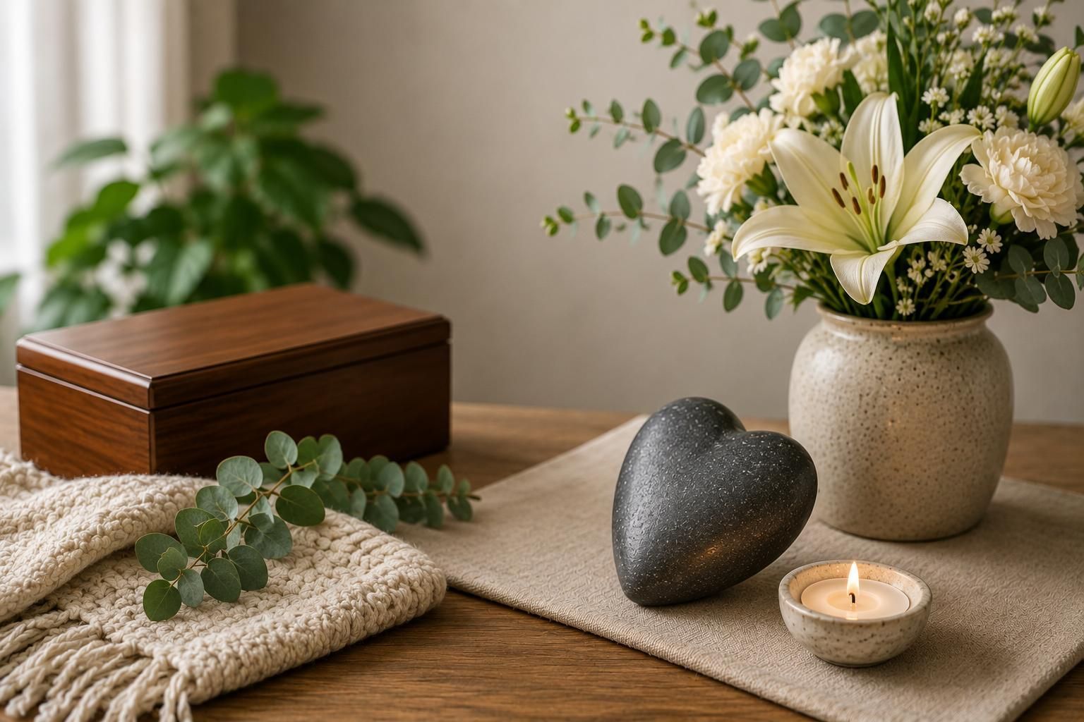 Memorial keepsake box, white flowers, candle, and heart-shaped stone displayed in a peaceful home se