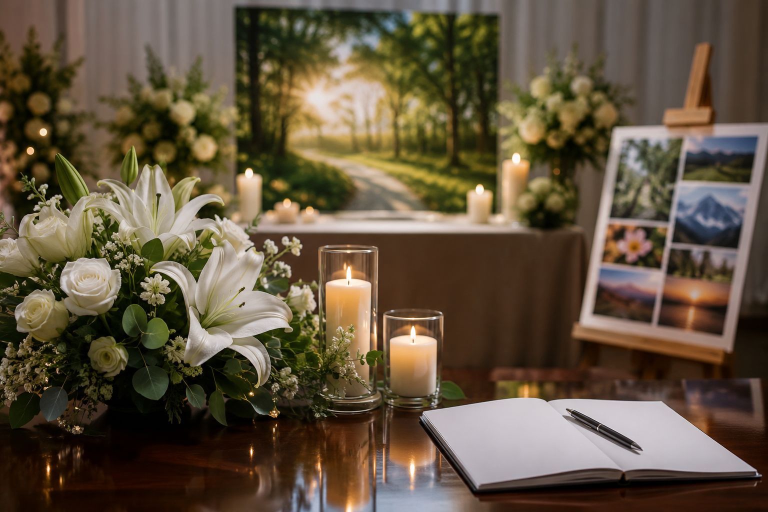 Memorial service display with white flowers, candles, tribute photos, and guest book in Lincoln, MI.