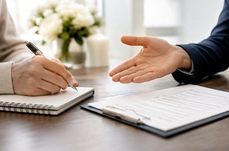 Person completing funeral preplanning paperwork with a funeral professional during a consultation in