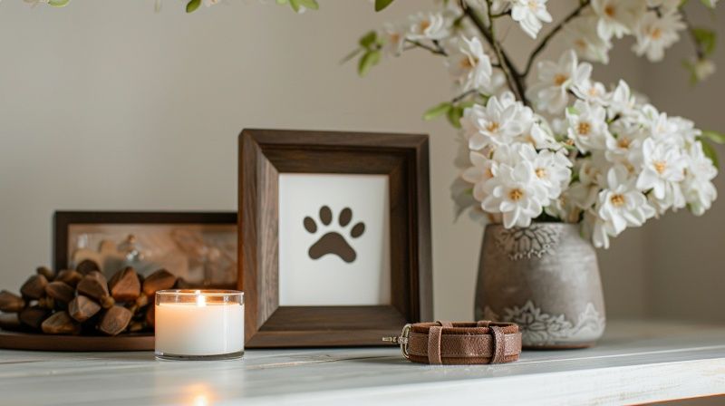 pet cremation services Dearborn, MI memorial with paw print frame, candle, collar and white flowers.