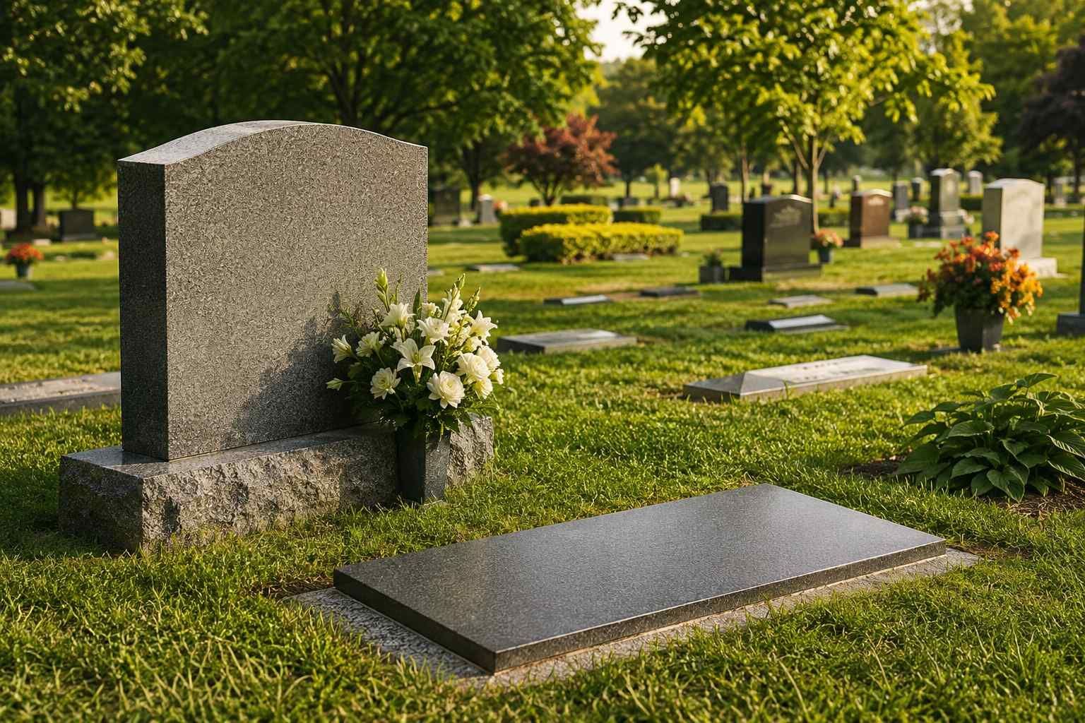Upright monument and flat cemetery marker surrounded by greenery and flowers in Lincoln, MI.