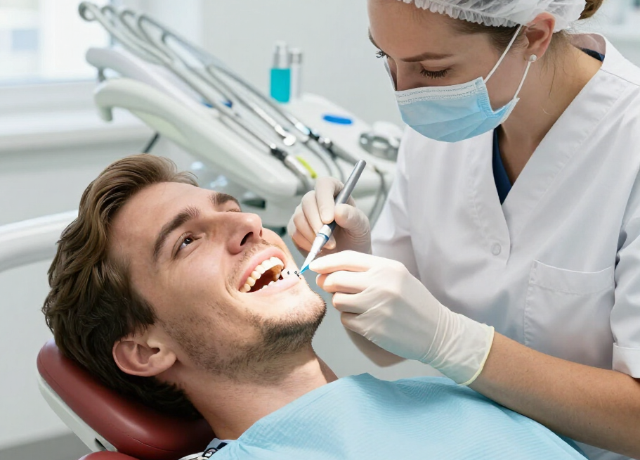 Dentist examining a smiling patient in a dental chair