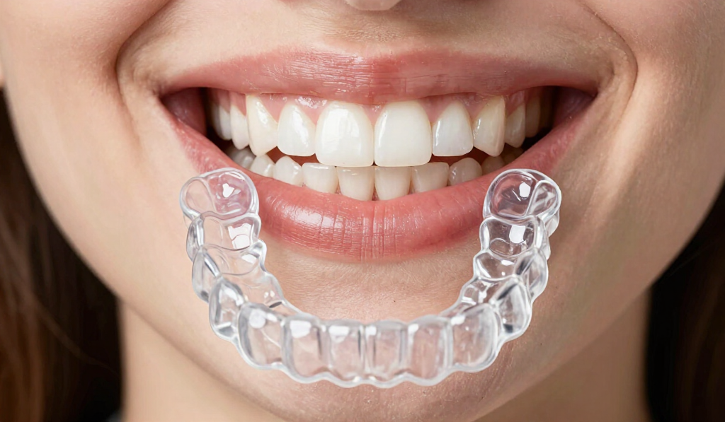 Smiling mouth wearing a clear plastic dental aligner