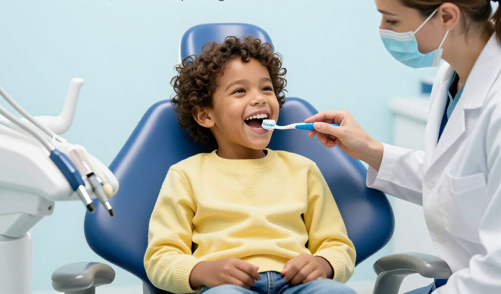 Child in a dentist chair with mouth open while a dentist checks teeth with a mirror