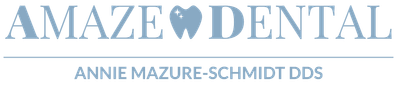 Amaze Dental logo with light blue text and a heart in the wordmark, plus “Annie Mazure-Schmidt DDS” below