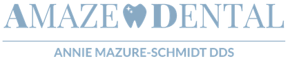 Amaze Dental logo with light blue text and a heart in the wordmark, plus “Annie Mazure-Schmidt DDS” below