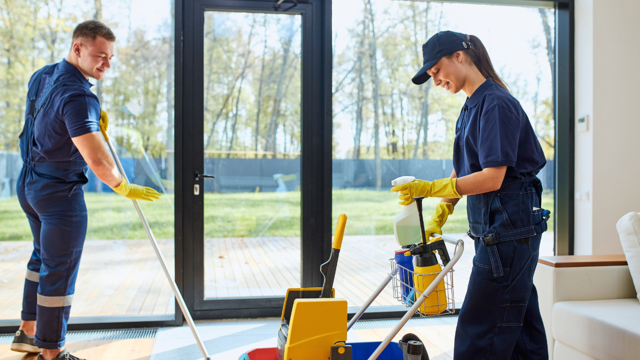 Two professional cleaners performing standard house cleaning with mops and supplies near glass doors