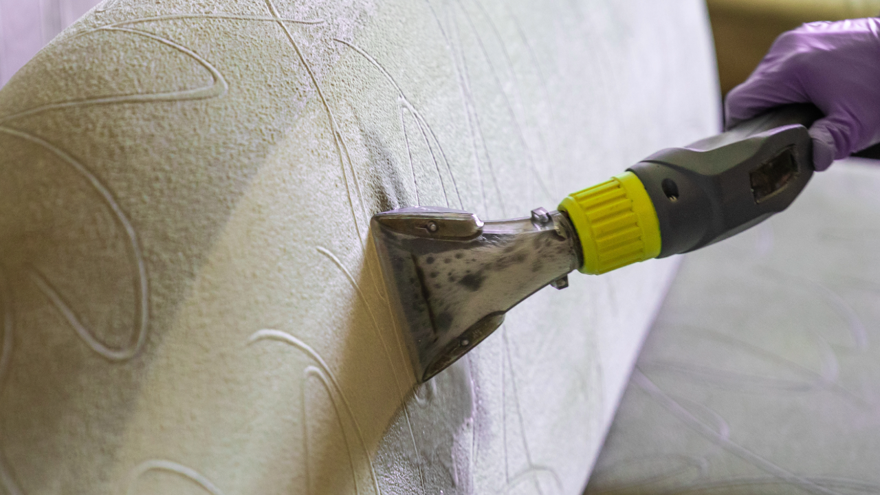 Upholstery cleaning expert using vacuum tool on textured sofa armrest for detailed cleaning
