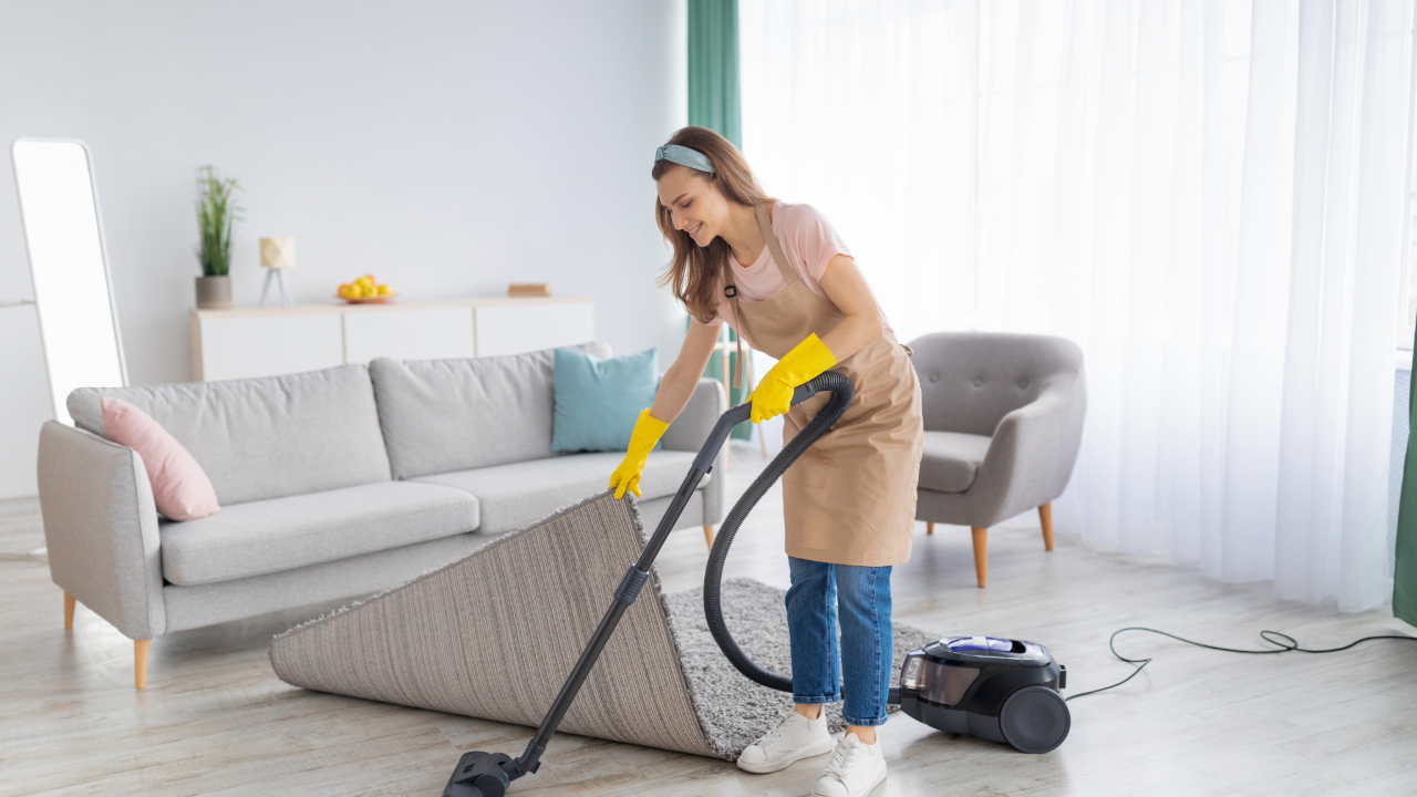 Woman vacuuming under rug during deep cleaning service in a modern living room