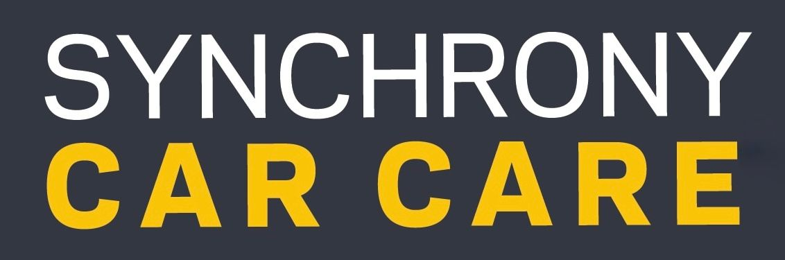 Synchrony Car Care logo on dark background, white and yellow text