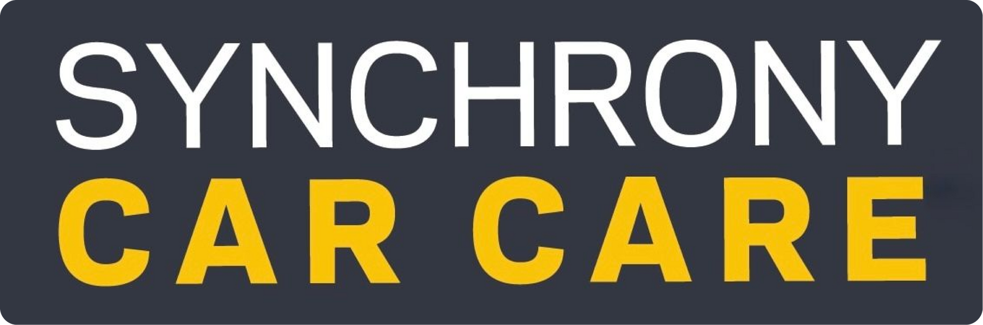 Synchrony Car Care logo with white and gold text on a dark background