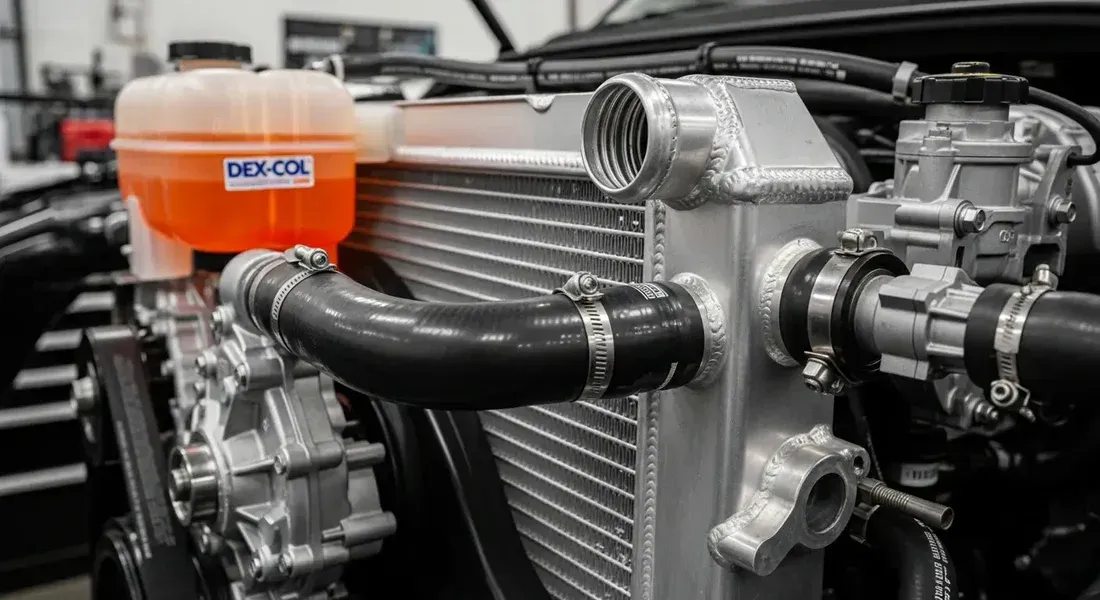 Close-up of a car engine bay with silver piping, black hoses, and an orange coolant reservoir.