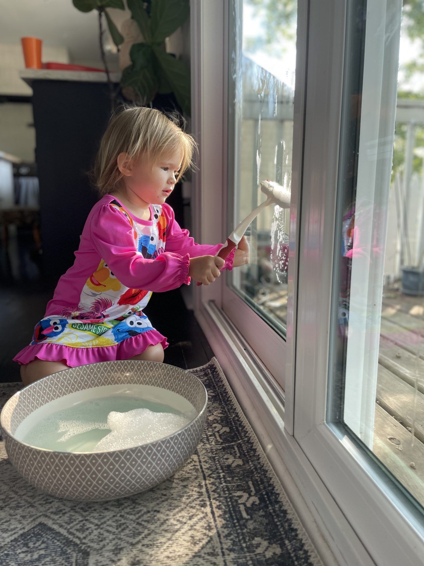 Toddler Helping To Clean Windows At Home