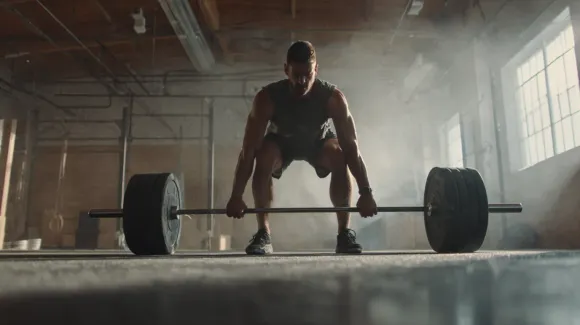 Weightlifter lifting a barbell in a smoky, industrial-style gym.