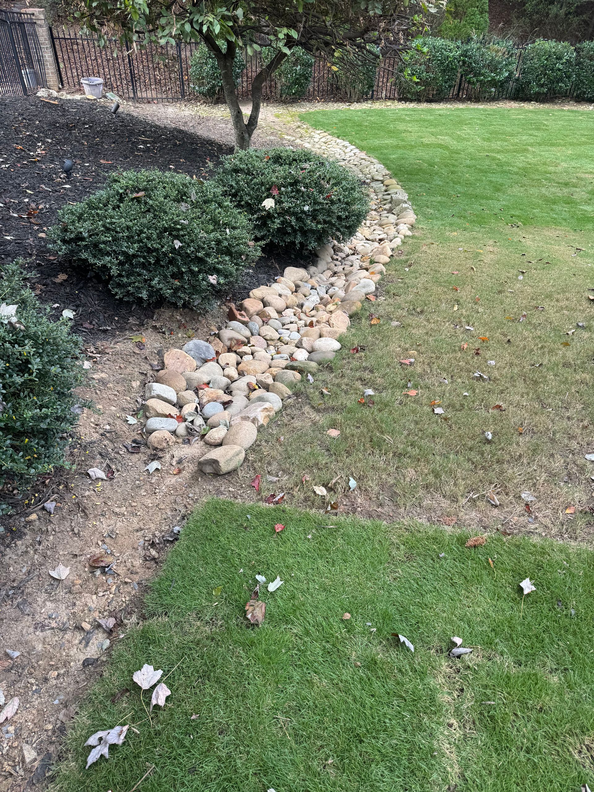 Curved garden bed with shrubs, stone border, and green lawn grass.