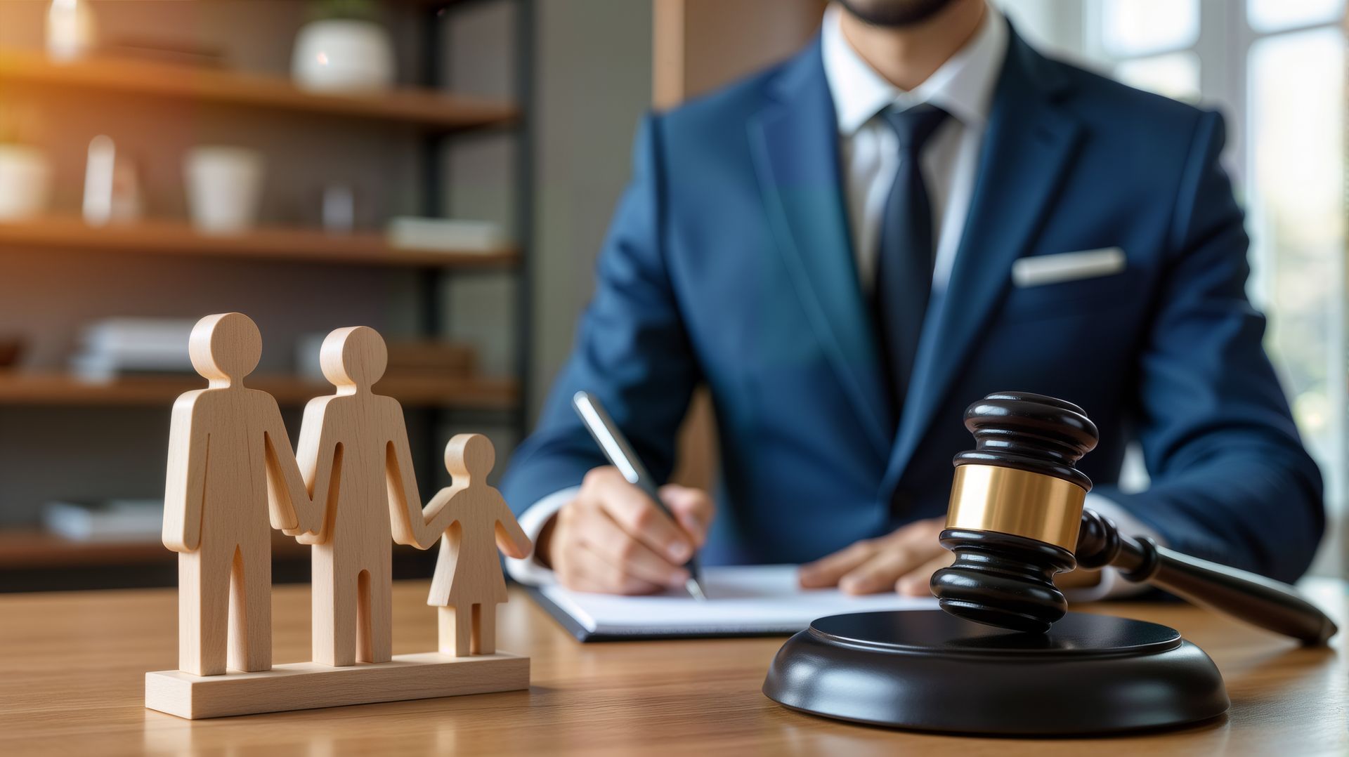 Wooden family figures beside a judge’s gavel and lawyer signing documents.