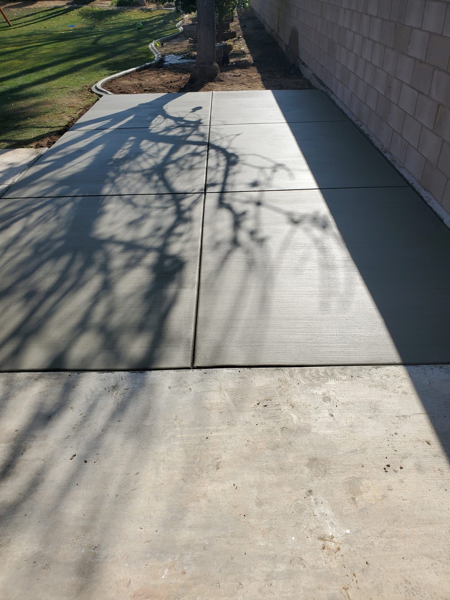A concrete walkway with a shadow of a tree on it.