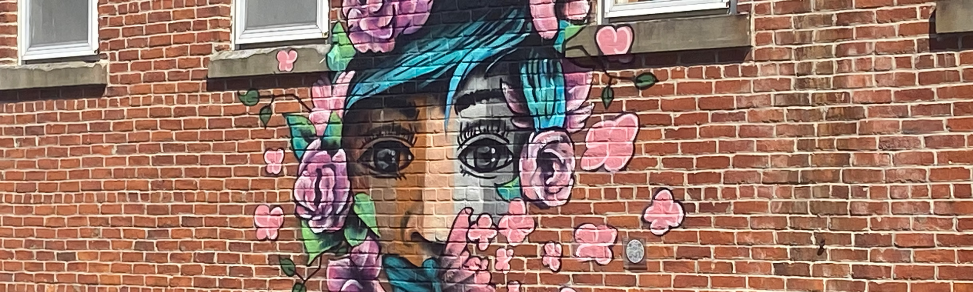 Mural of a face with blue hair and pink flowers painted on a red brick wall