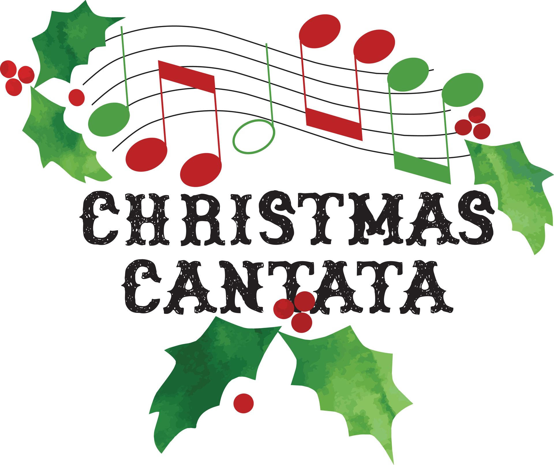 A christmas cantata logo with music notes and holly