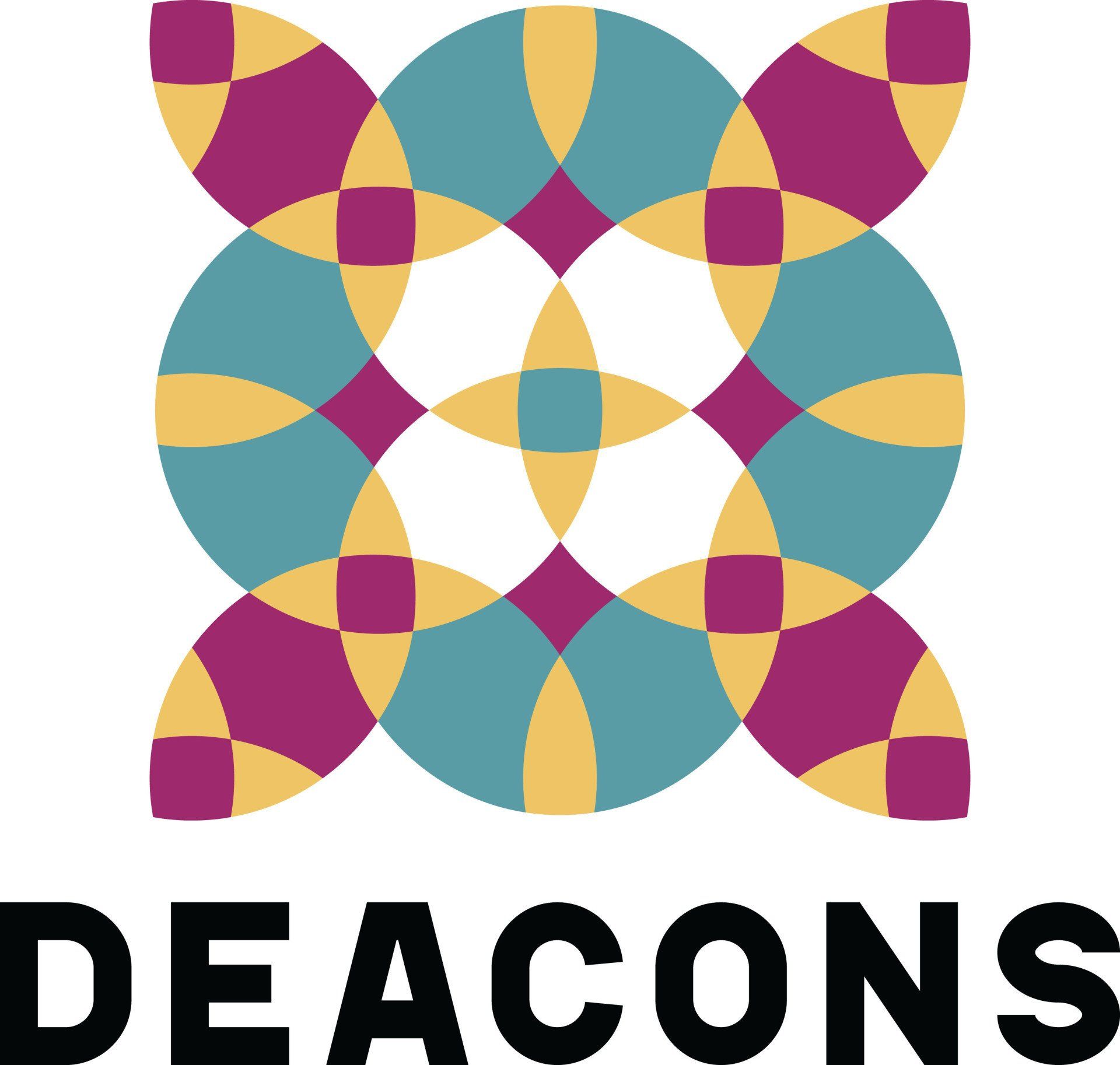 Geometric logo with overlapping circles in teal, gold, and purple, text