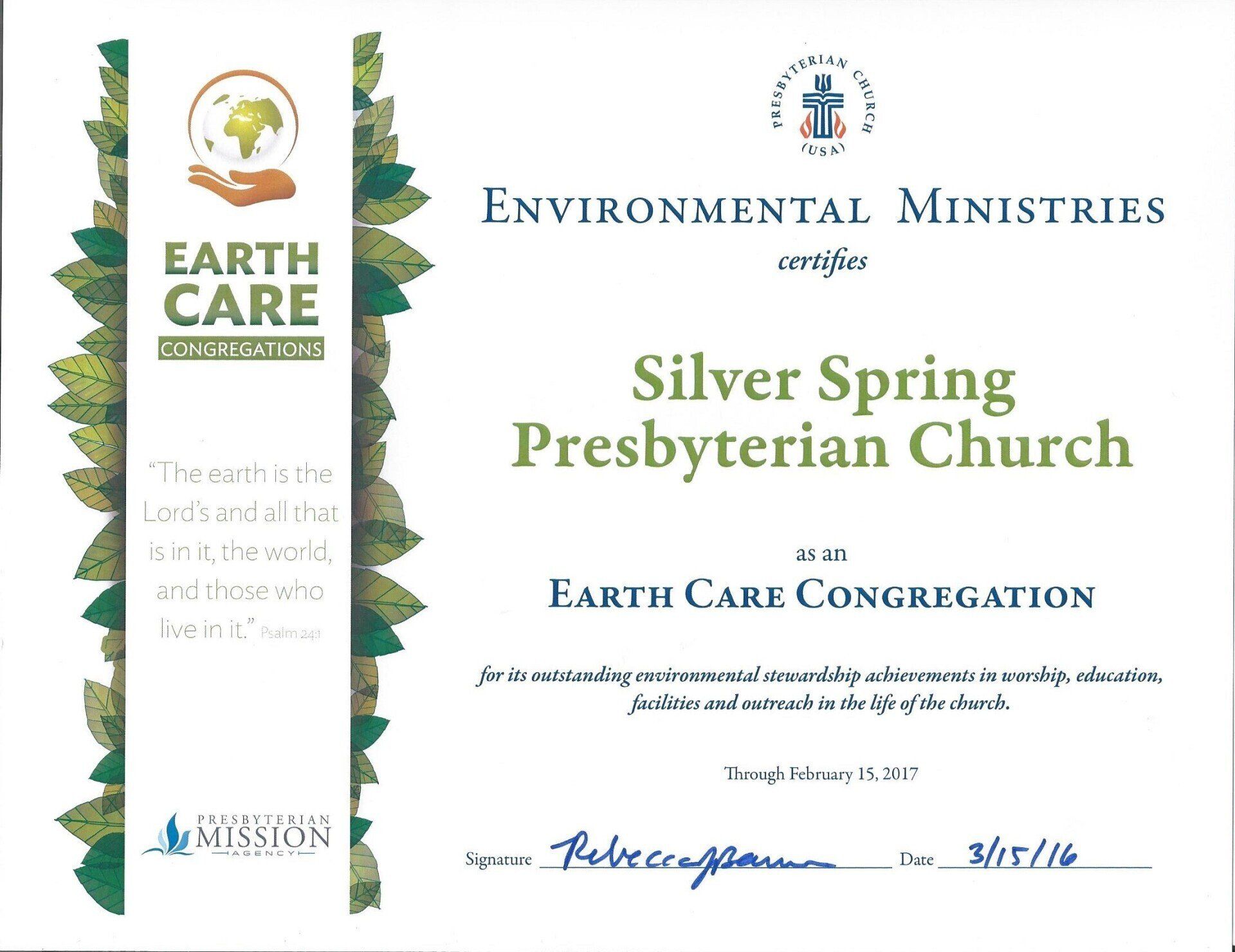 Certificate for Silver Spring Presbyterian Church as an Earth Care Congregation. Green border, Environmental Ministries seal.