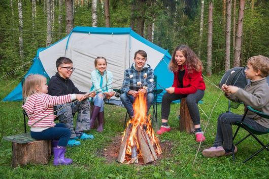 Friends enjoying evening drinks by firepit outdoors