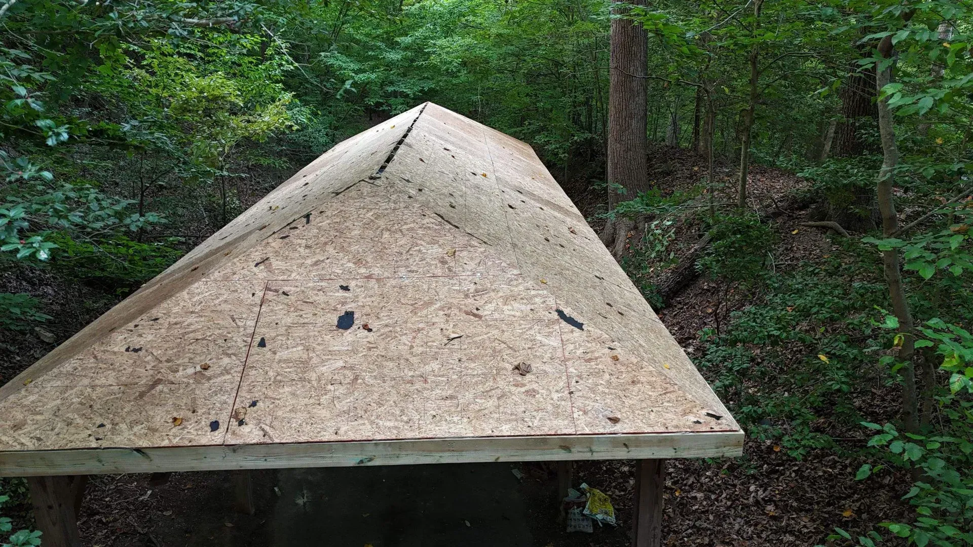 Weathered wooden roof over a small structure in a green wooded area