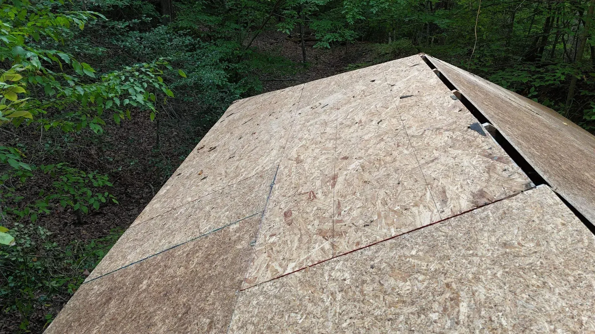 Tan rooftop with a triangular seam in a wooded outdoor setting