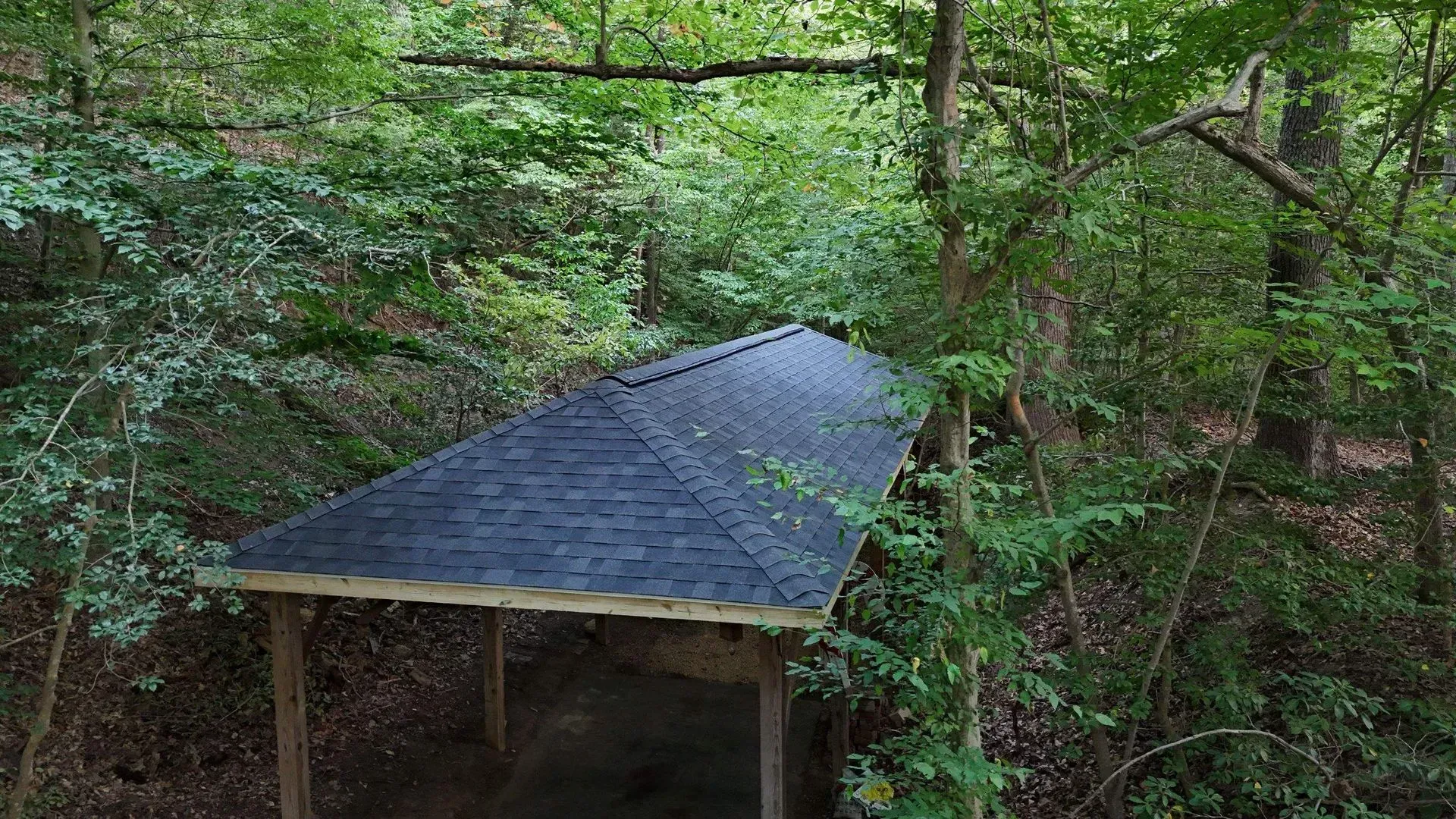 Wooden pavilion with dark shingled roof in a lush green forest