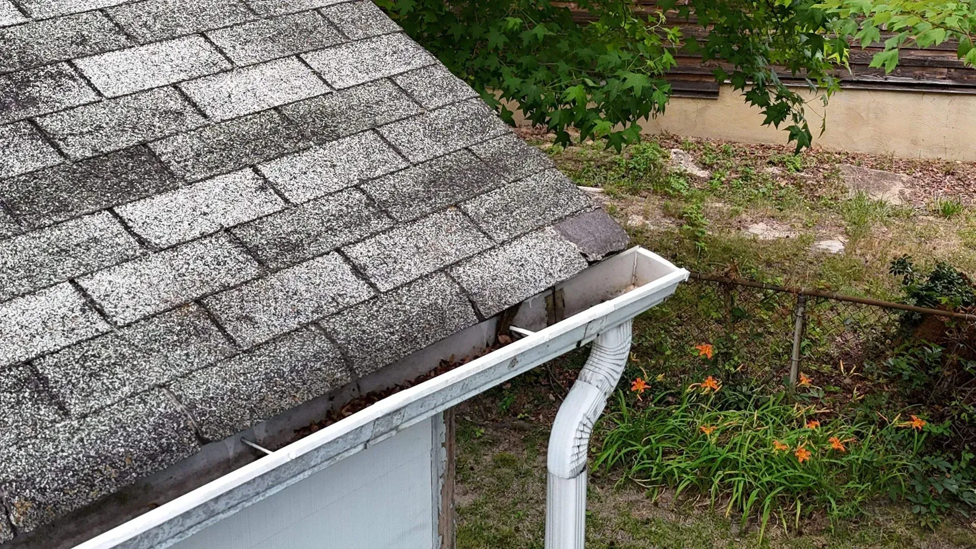 Roof edge with gray shingles and a white gutter beside a grassy yard.