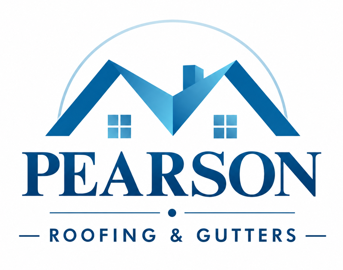 Pearson Roofing & Gutters logo with blue house roof and window icons