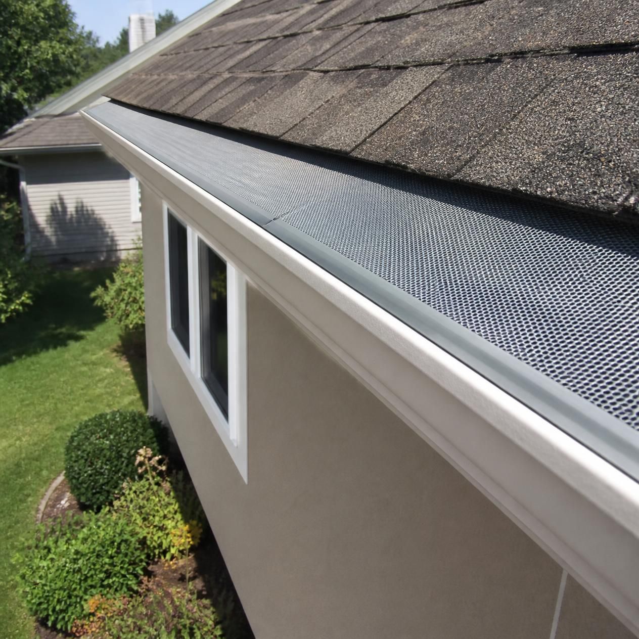 House roof with a metal gutter guard beside a beige exterior wall and windows
