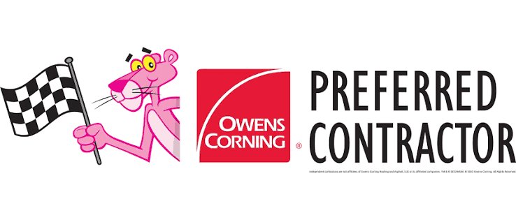 Owens Corning Preferred Contractor logo with pink panther holding a checkered flag