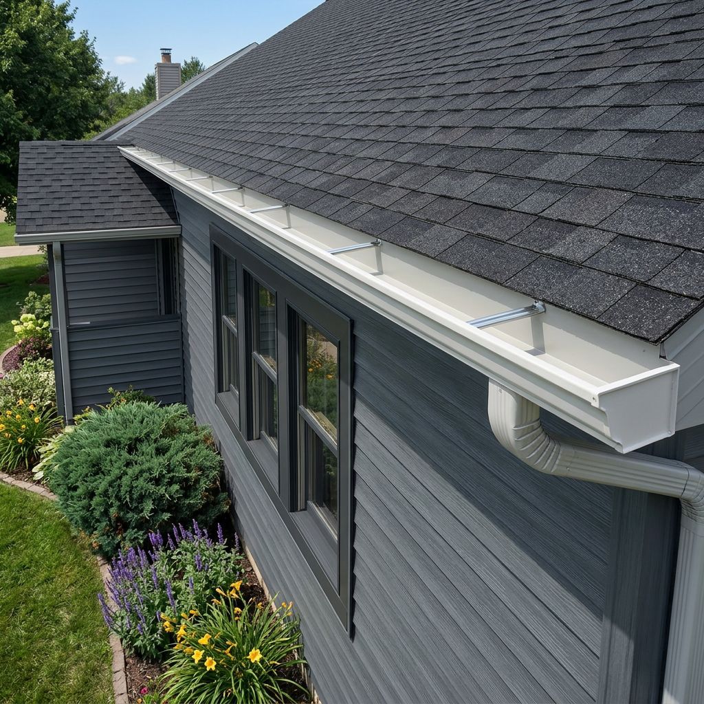 Gray house roof with white gutters, dark windows, and landscaping below