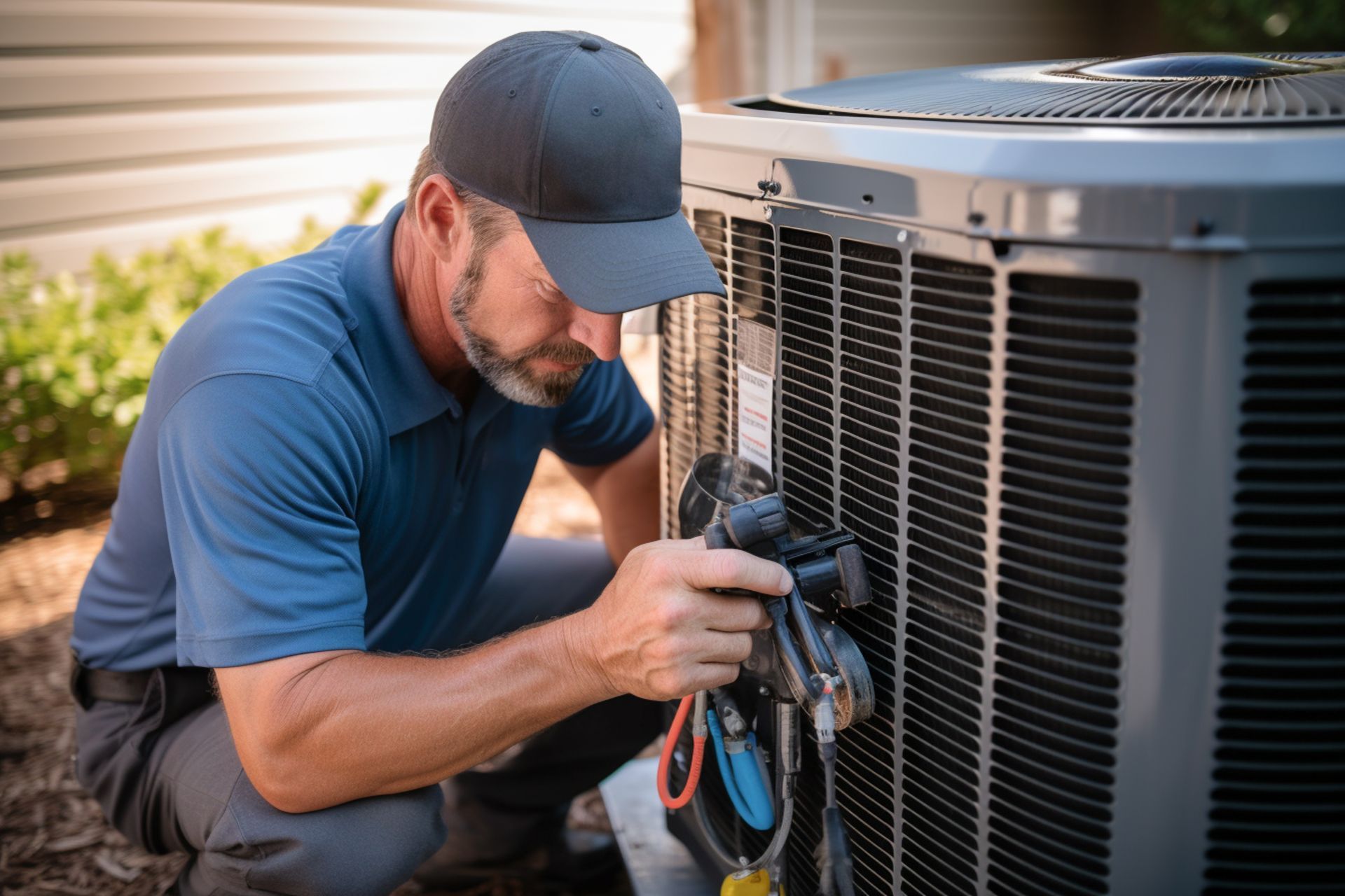 A person in overalls inspects a ceiling air conditioning unit.