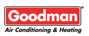 Goodman Air Conditioning & Heating logo: white text on a red rectangular background, with black text below.
