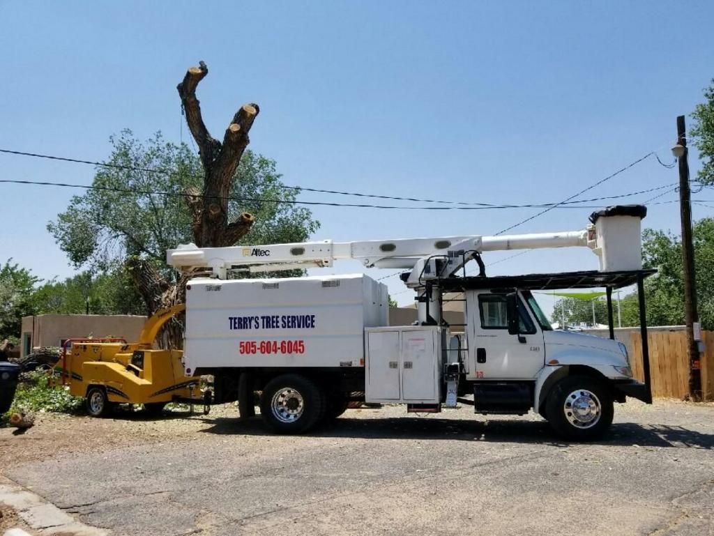 A tony 's tree service truck is parked on the side of the road