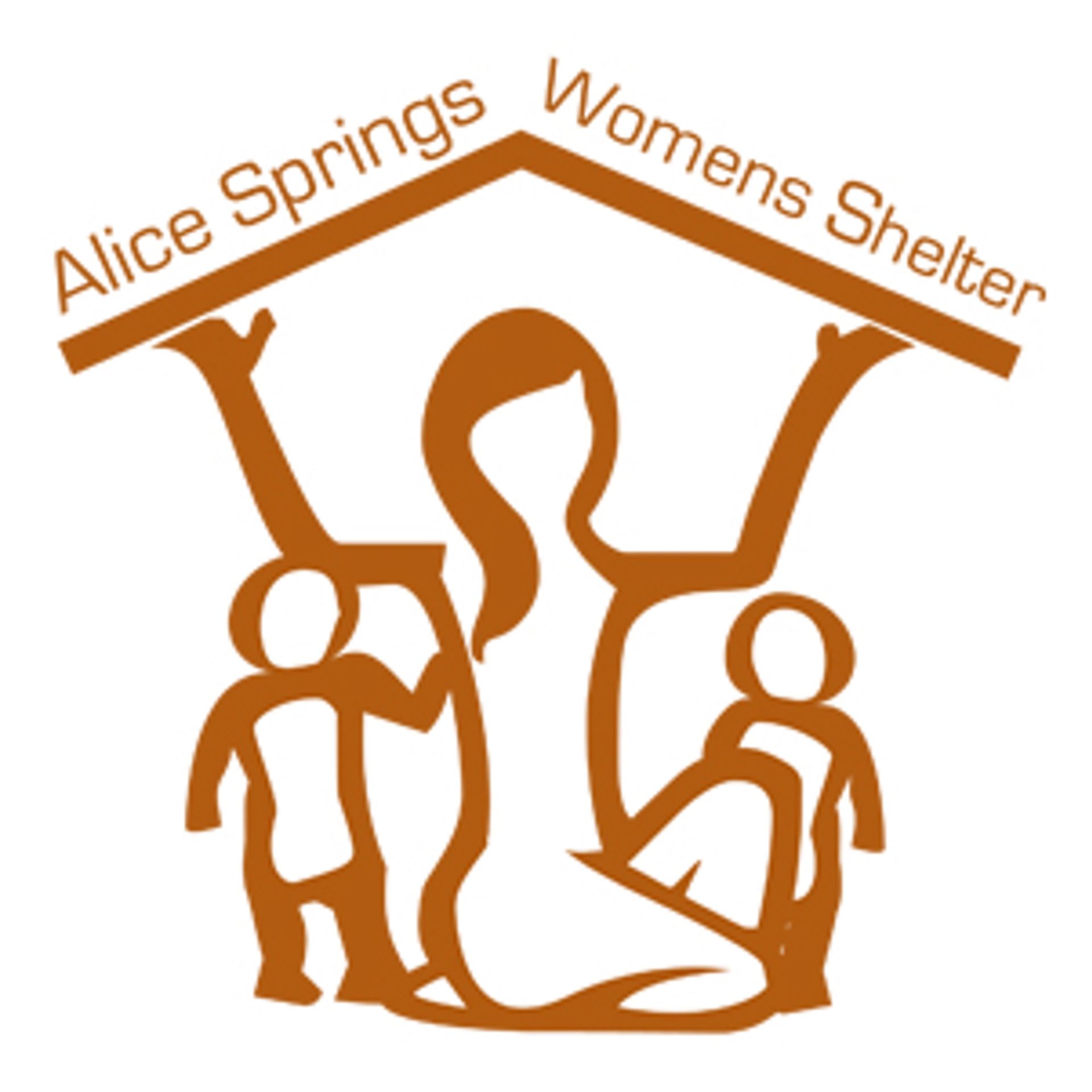 Logo for Alice Springs Womens Shelter showing a stylized figure supporting a roof over two smaller figures in brown.
