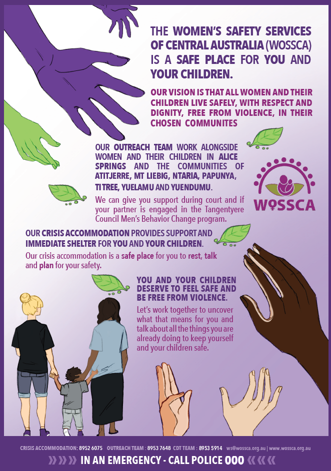 Infographic for WOSSCA featuring text, illustrations of hands, and people, promoting support services for safety.