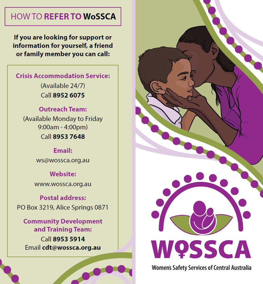 WOSSCA informational flyer listing contact details for support services, featuring a logo of a person holding a child.