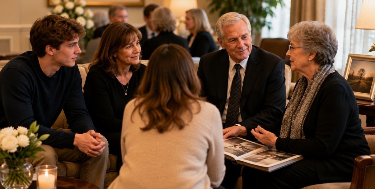 Compassionate funeral home gathering in York, PA with family sharing memories.