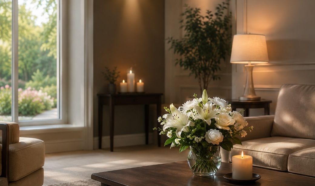 Peaceful funeral home in Dallastown, PA with elegant flowers, soft lighting, and a calm interior