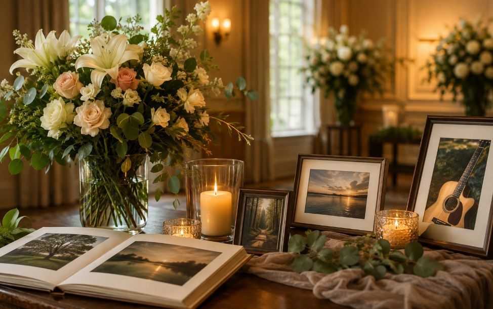 Personalized farewell setting by funeral Homes York, PA with flowers, candles, photos, and keepsakes