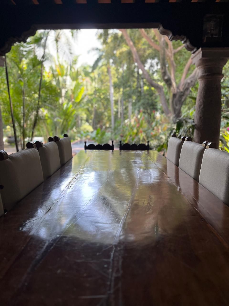 Larga mesa de comedor de madera con sillas, bajo un porche con vista a la vegetación.
