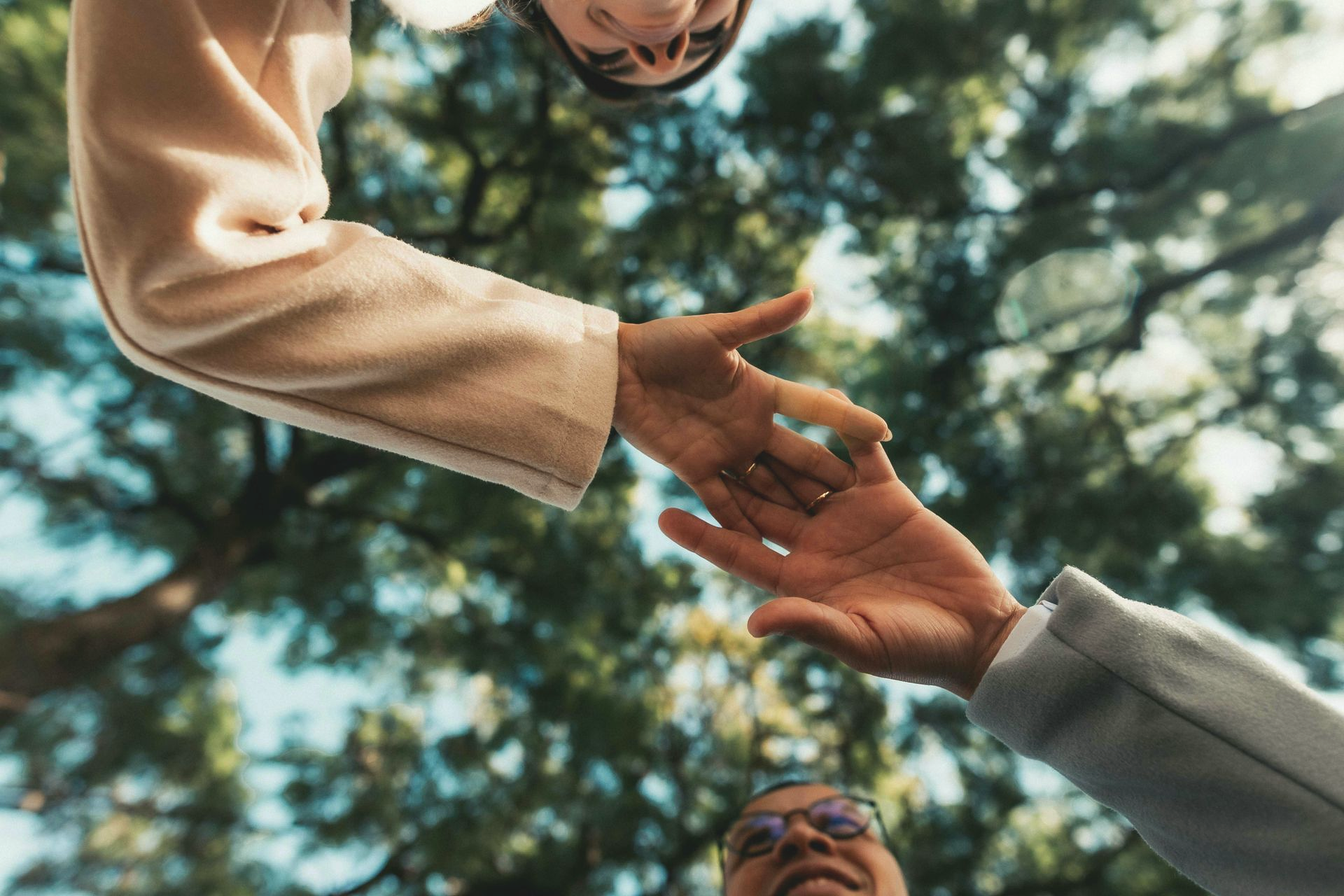 Dos personas se toman de la mano. Toma en contrapicado, con la luz del sol entre los árboles.