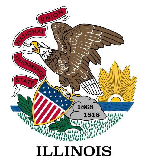 Illinois state seal with eagle, shield, sunburst, and banner reading “Illinois”
