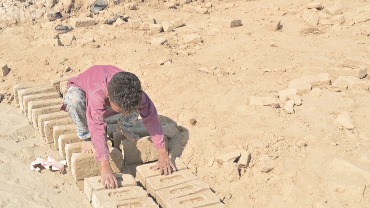 A person placing bricks on sand in a sunny outdoor setting.